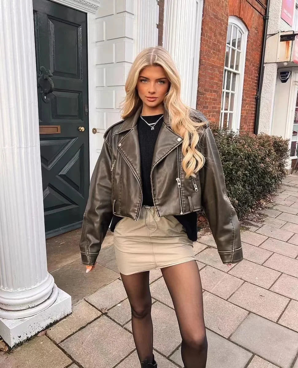 2025New Coal graysty le Women's washed leather jacket with belt, short coat with downgraded zipper and vintage lapel jacket