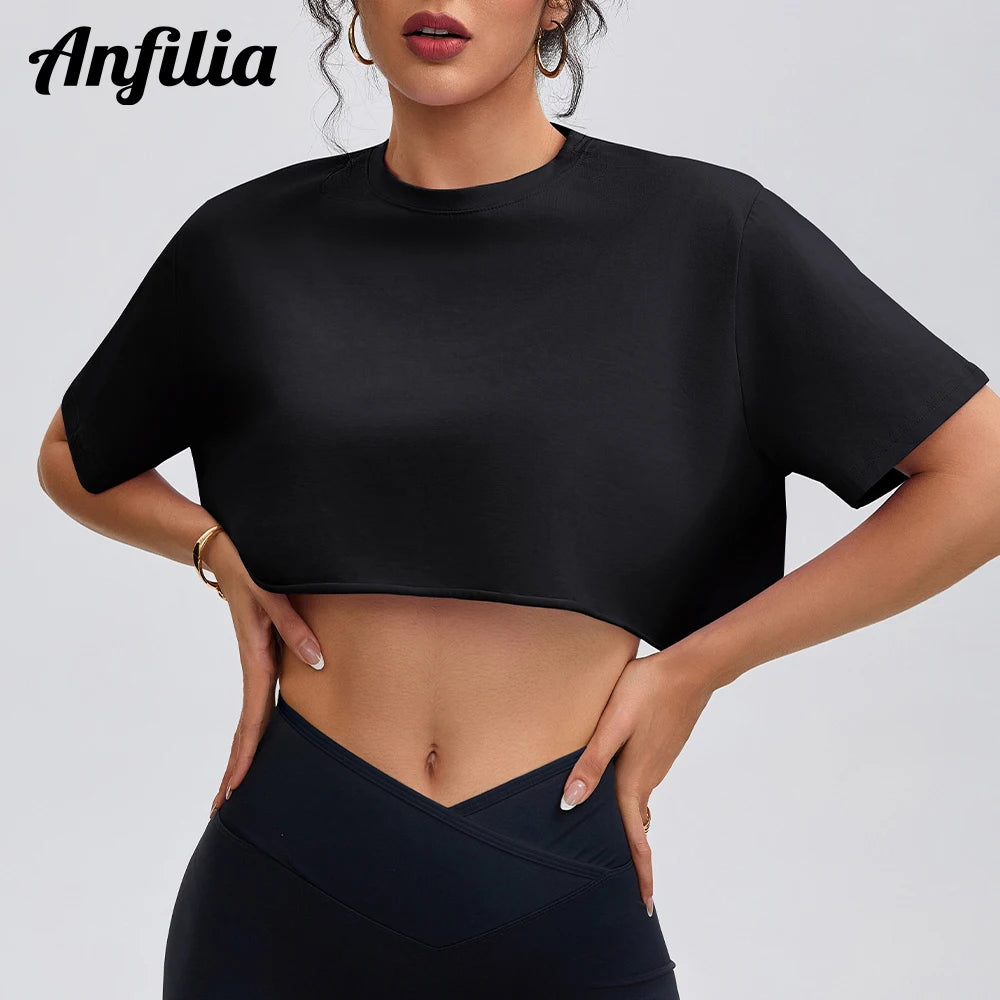 Anfilia Women Fashion Yoga Shirts Loose Fitting Crew Neck Short Sleeves 95% Cotton Breathable Gym Fitness Running Crop Tops