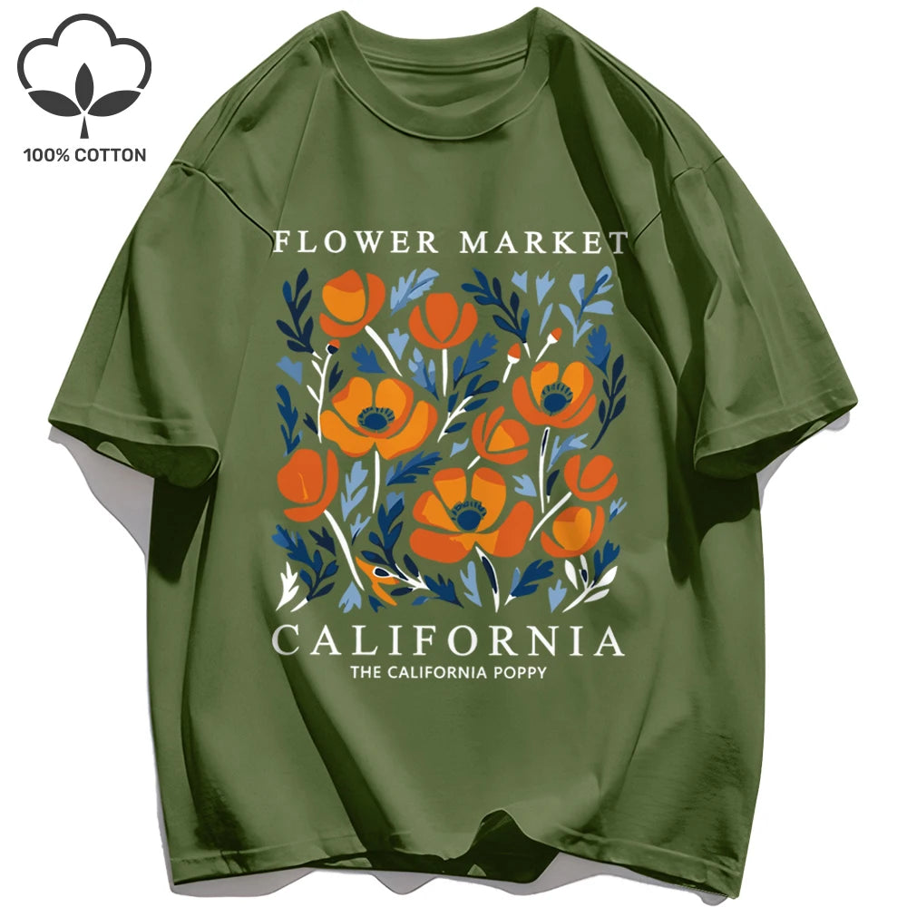 Yellow Flowers Market California Print T-Shirt Woman Soft Cotton Tee Top O-Neck Casual T Shirt Crewneck Sports Short Sleeve