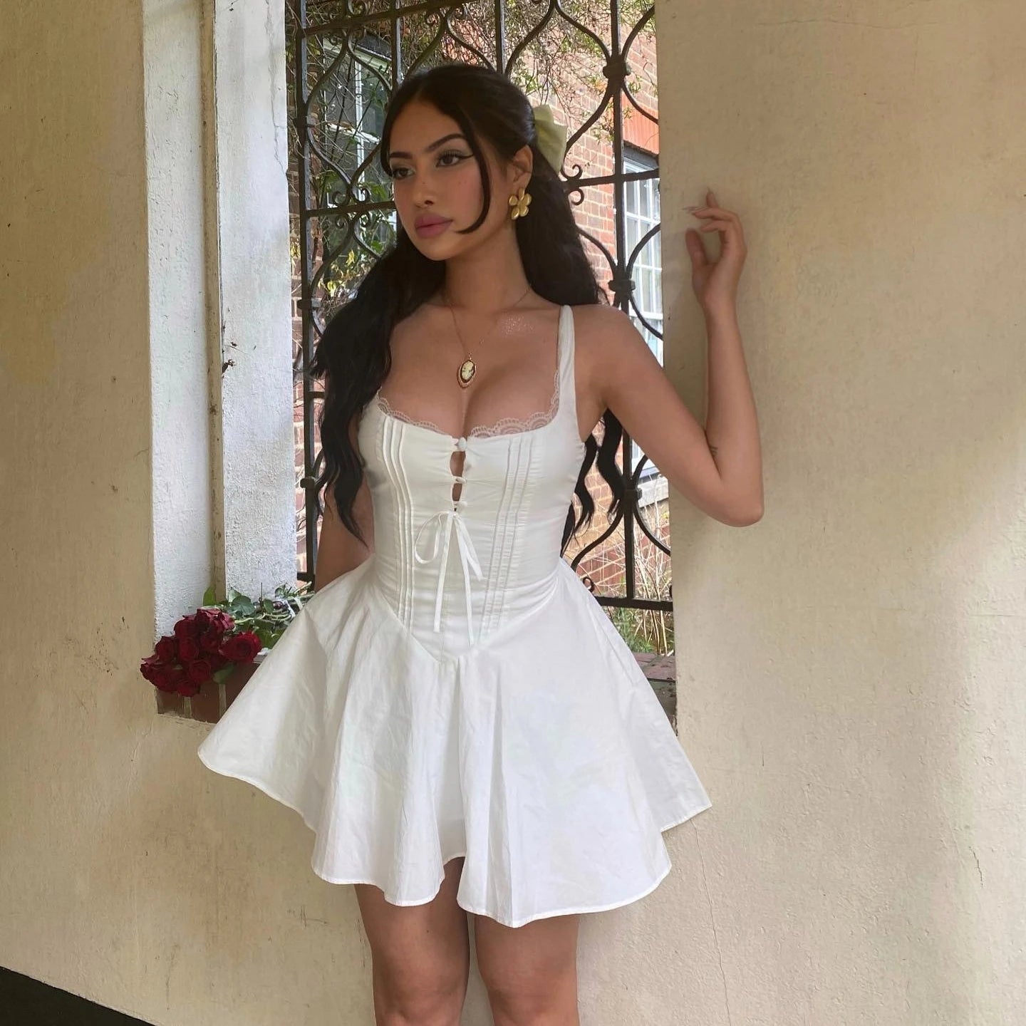 Mingmingxi  Summer Lovely A Line Dress Yellow Sexy Party Dresses Hollow Out Lace Up Elegant Holiday Dress Women