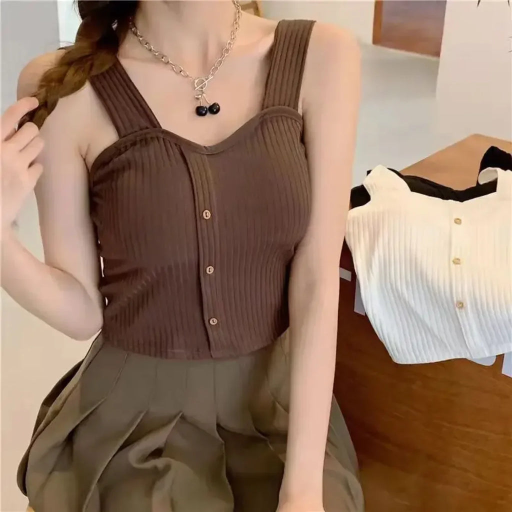 2025 Women's Y2K Cropped Tops with Bra Pads Summer Corset Korean Suspenders Vest Sexy Camisole Slim New