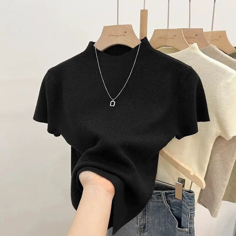 2025 Basic Turtleneck Solid Thin Summer Pullover Women Female Knitted Sweater Slim Short Sleeve Bodycon Sweater
