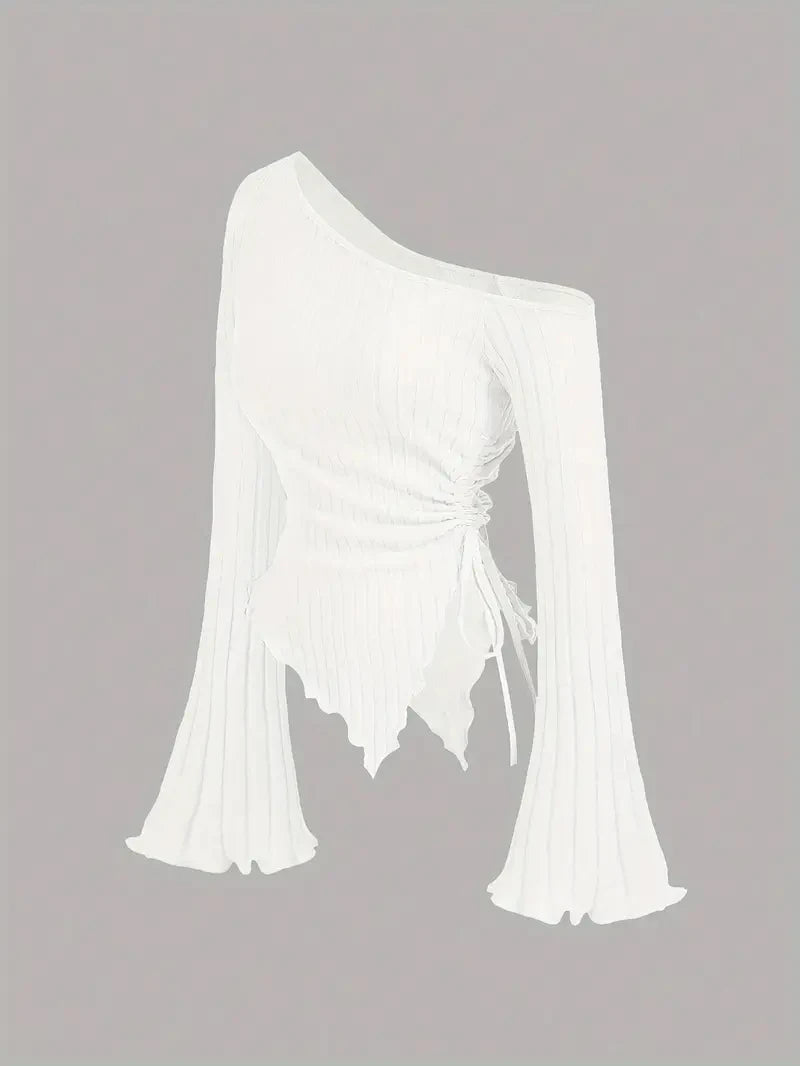 women's New off shoulder cross long sleeved slim fit casual street style asymmetrical elegant T-shirt trumpet sleeve top