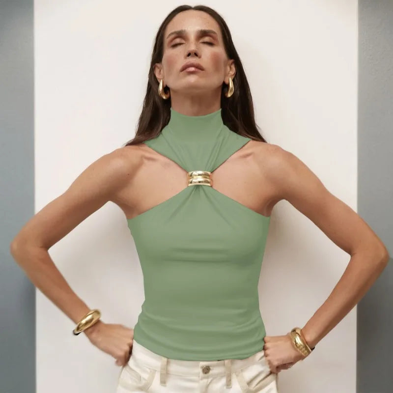 Trendix Fashion Metal Ring Tank Top Women 2025 Summer Y2k Solid Sleeveless Patchwork Tops Ladies Vacation Slim Party Elegant Top