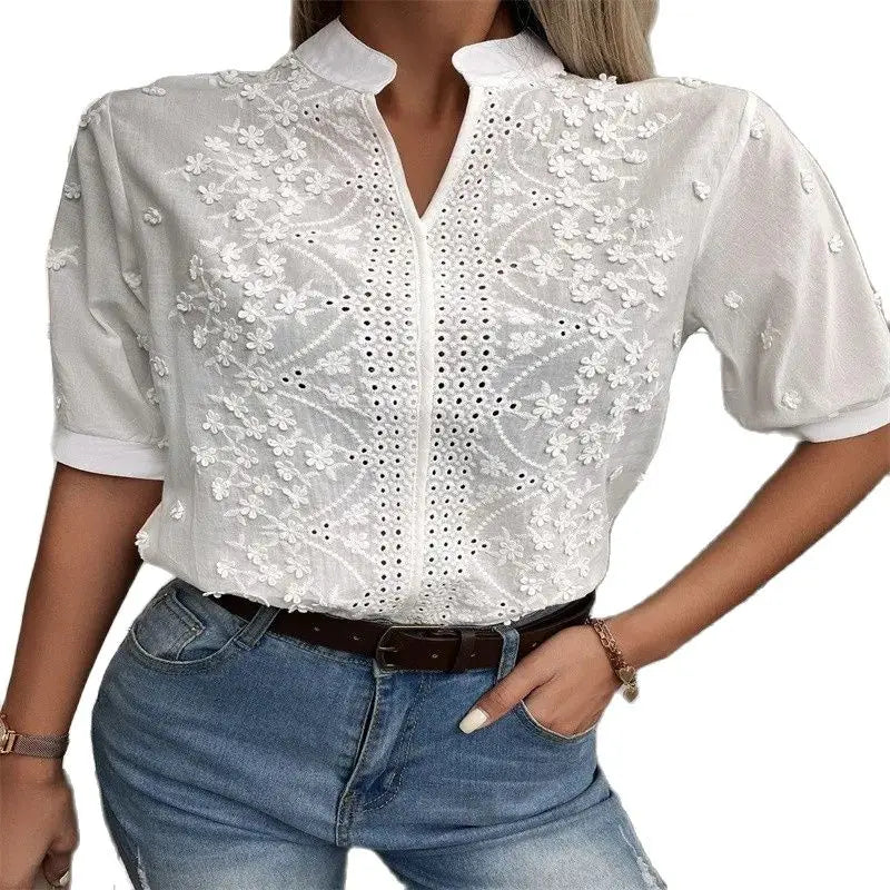 2025 Summer Elegant Short Sleeve White Shirt Vintage Tops Crochet Hollow Blouses For Women Fashion 2024 Cotton Female Clothing