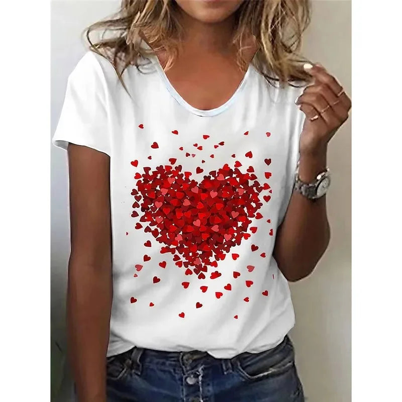 1PC Milk Silk European Style Women's Red Love Print V-neck T-shirt Blouse Short Sleeve