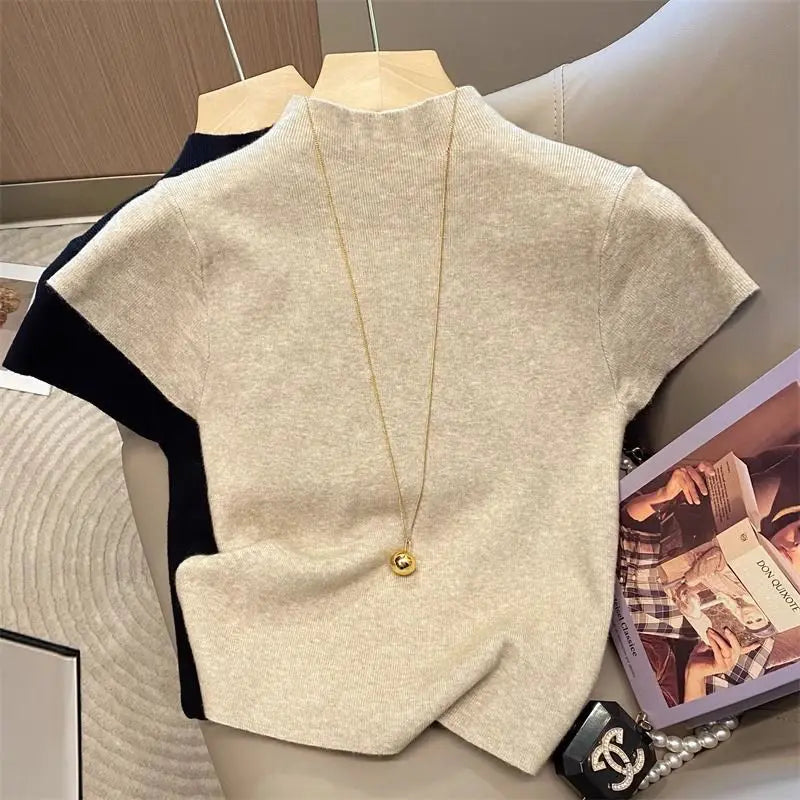 2025 Basic Turtleneck Solid Thin Summer Pullover Women Female Knitted Sweater Slim Short Sleeve Bodycon Sweater