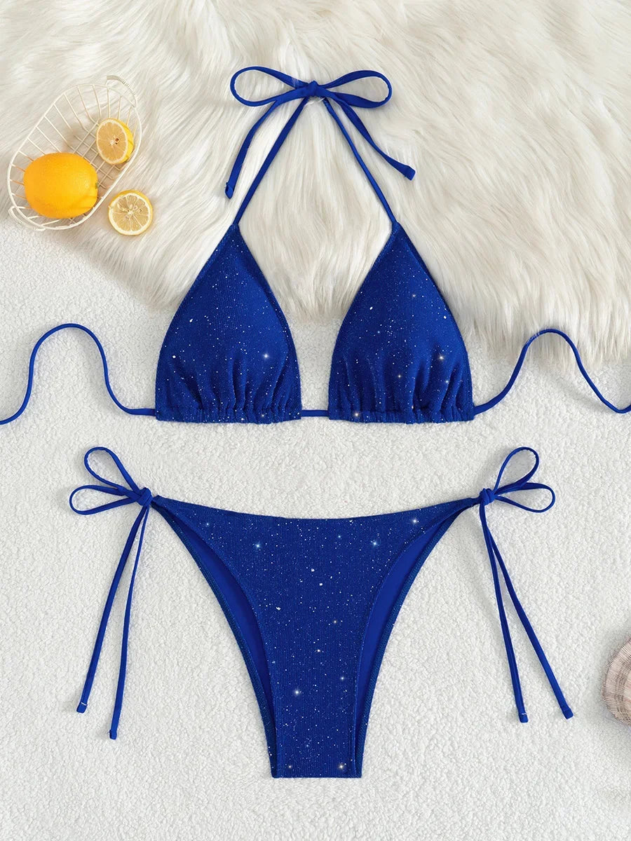 Shiny Sparkling Halter Strappy Bikini 2025 High Cut Bikinis Female Swimsuit Women Swimwear Two-pieces Bikini Set Bathing Suit