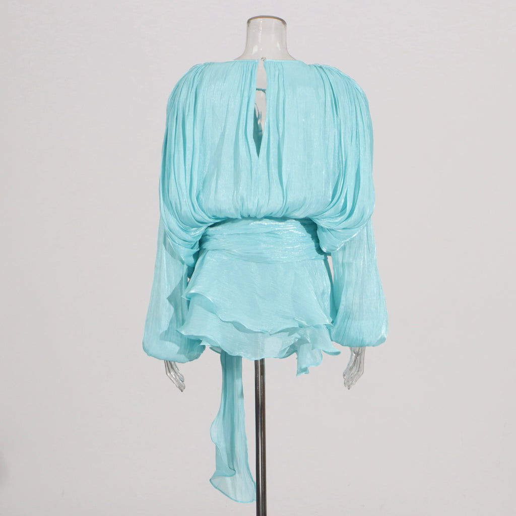 KBQ Solid Patchwork Lace Up Loose Dresses For Women O Neck Long Sleeve High Waist Spliced Folds Temperament Dress Female Fashion