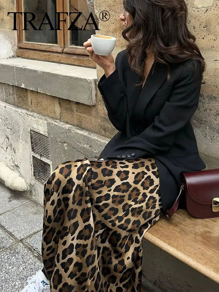 TRAFZA 2025 Women Fashion Leopard Print Skirt Vintage High Waist Midi Skirts Elegant Women Summer Casual Streetwear Skirt