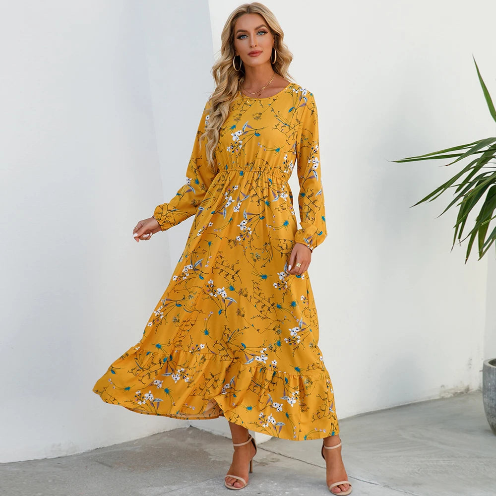 2025 Sping Summer Bohemian Women Maxi Dress Casual Long Sleeve High Waist Beach Woman Chiffon Dresses Floral Vestidoes Mujer New