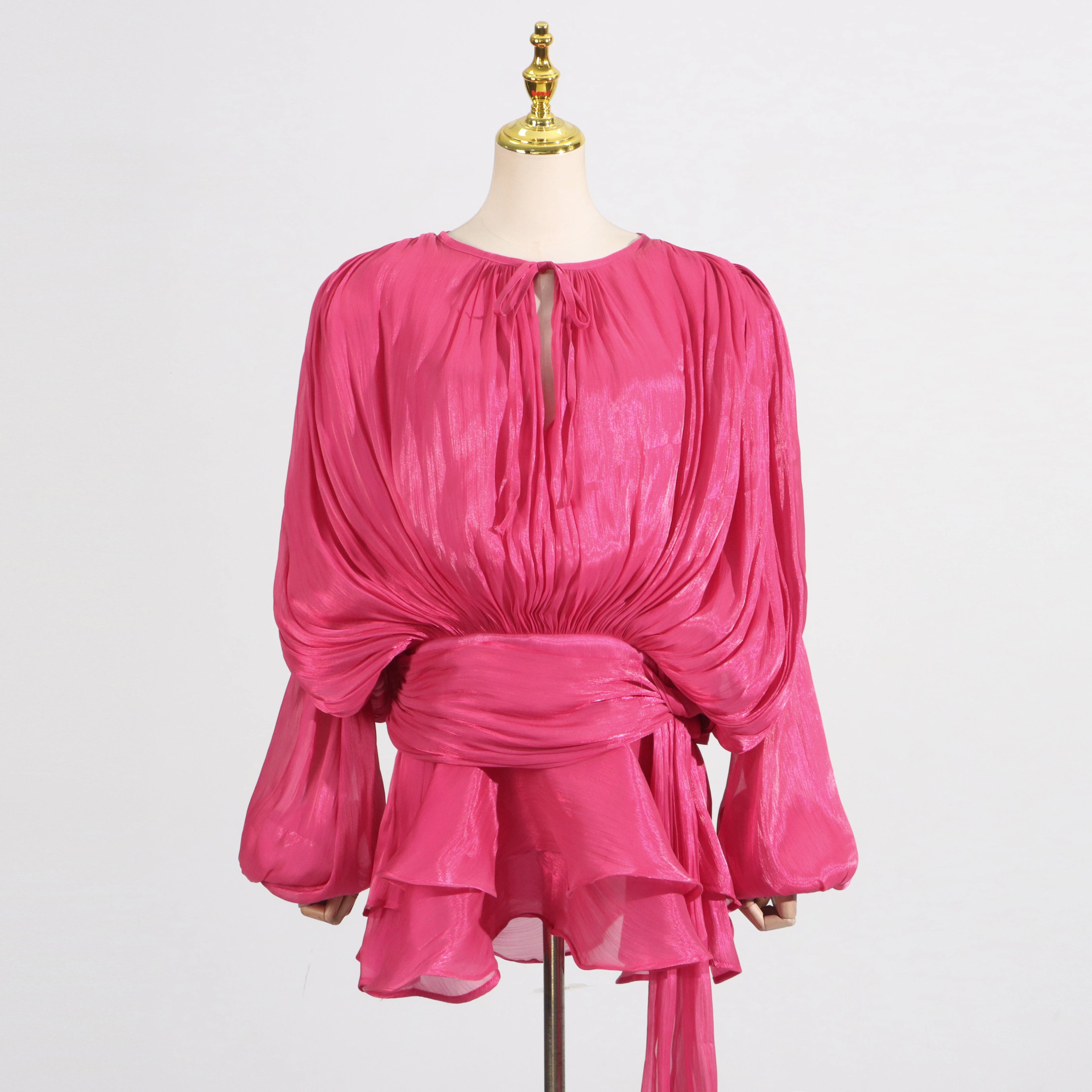 KBQ Solid Patchwork Lace Up Loose Dresses For Women O Neck Long Sleeve High Waist Spliced Folds Temperament Dress Female Fashion