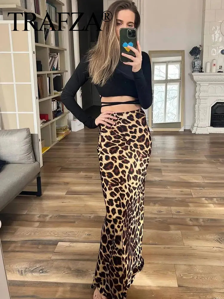TRAFZA 2025 Women Fashion Leopard Print Skirt Vintage High Waist Midi Skirts Elegant Women Summer Casual Streetwear Skirt