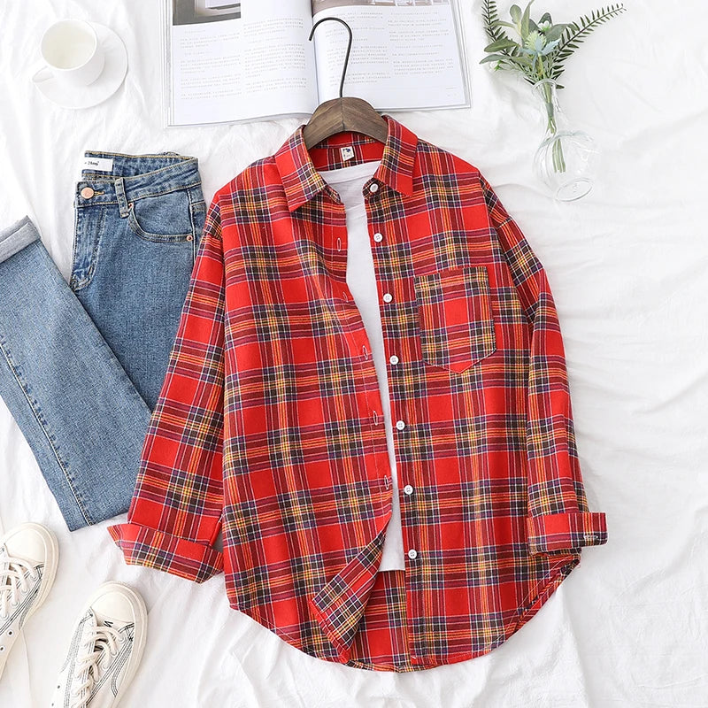 2025 New Fashion Loose Womens Plaid Shirt Fresh College Style Design Blouses And Tops Long Sleeve Casual Female Checked Clothes