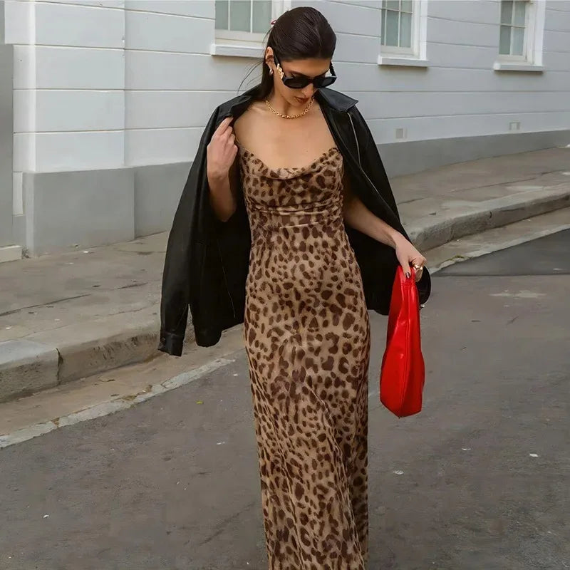 Vintage Leopard Print Sexy Cami Dress Women V Neck Sleeveless Party Dress Fashion 2024 Summer Streetwear Dress