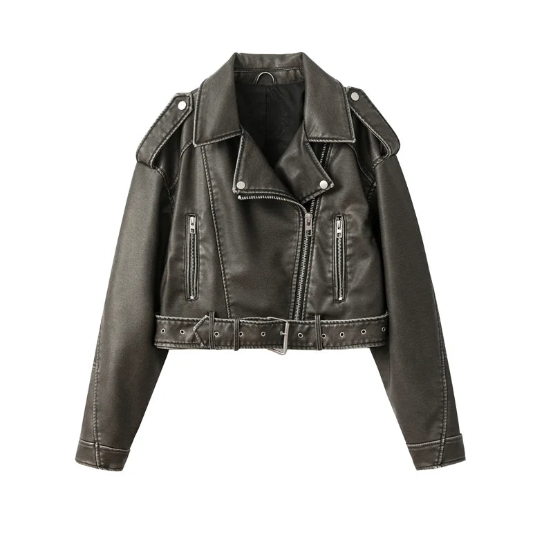 2025New Coal graysty le Women's washed leather jacket with belt, short coat with downgraded zipper and vintage lapel jacket