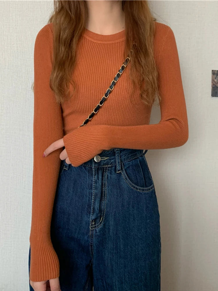 2025 New Women Sweater Autumn Winter Long Sleeve Pullover Basic Top Fashion O-neck Elastic Female Winter Solid Knitted Jumper