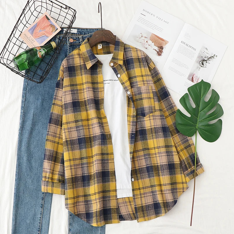 2025 New Fashion Loose Womens Plaid Shirt Fresh College Style Design Blouses And Tops Long Sleeve Casual Female Checked Clothes