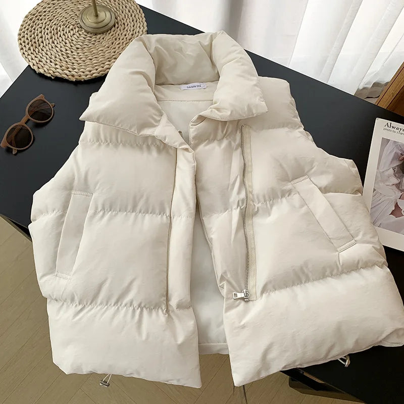 Women Fashion Autumn New 2025 Stand Collar Elegant Down Coats Warm Outerwear Casual Belt Sleeveless Winter Women Vests Jackets
