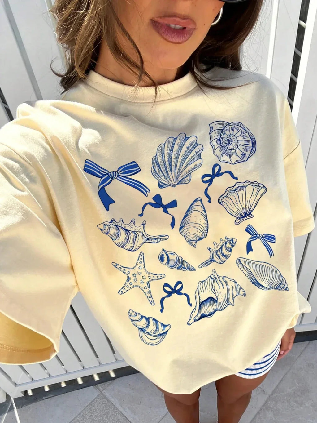 Summer American Retro Y2k Marine Animal Conch Bow Pattern T-shirt Women's Loose Round Neck Street Clothing Half-sleeved Top