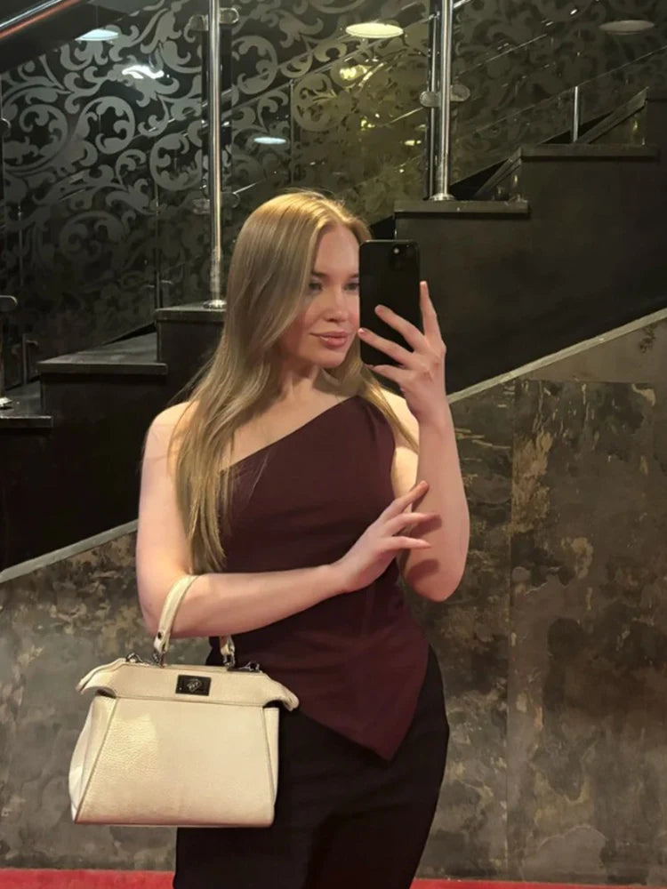 2025 New Fashionable Casual Women's T-Shirt Solid Color Single Shoulder Asymmetrical Slim Fit Top One-Piece Neck