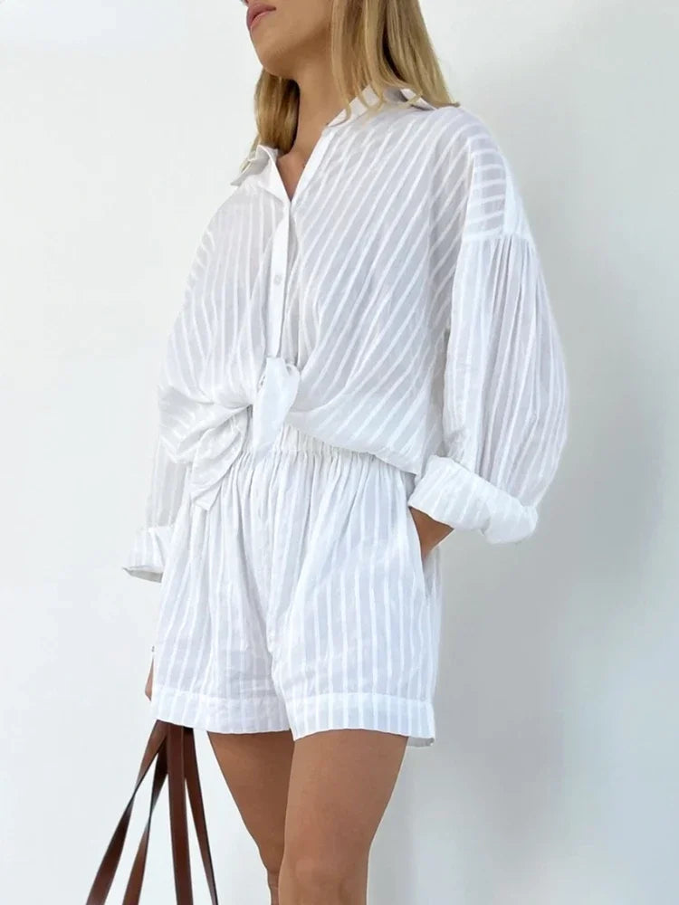 Wolfeel Casual Shorts Sets Striped Jacquard 2 Pieces Cozy Lapel Lantern Sleeve Shirt Summer Outfit Elastic Waist Shorts Suits