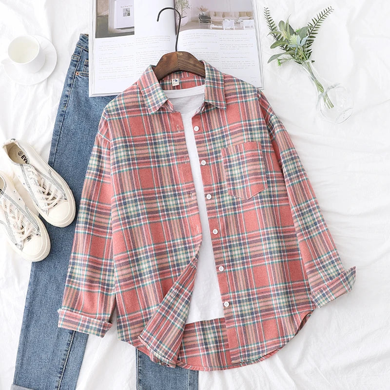2025 New Fashion Loose Womens Plaid Shirt Fresh College Style Design Blouses And Tops Long Sleeve Casual Female Checked Clothes