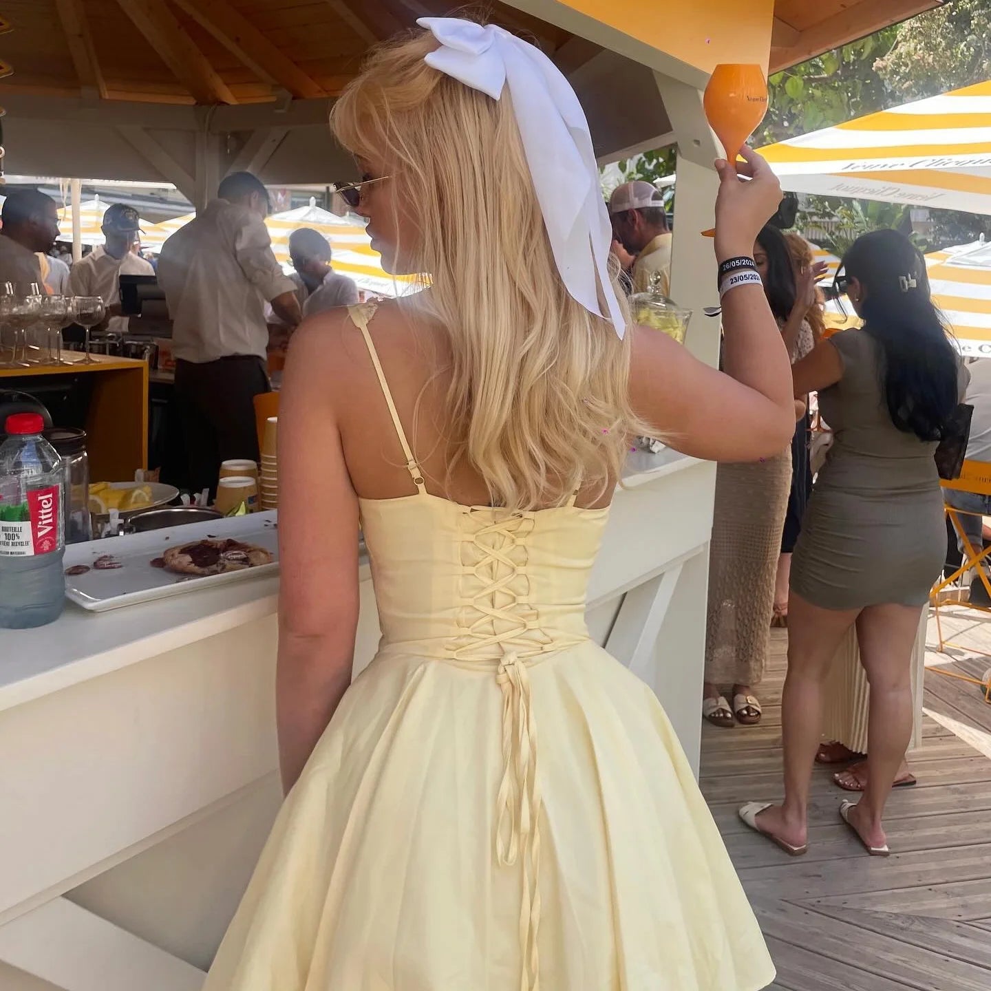 Mingmingxi  Summer Lovely A Line Dress Yellow Sexy Party Dresses Hollow Out Lace Up Elegant Holiday Dress Women