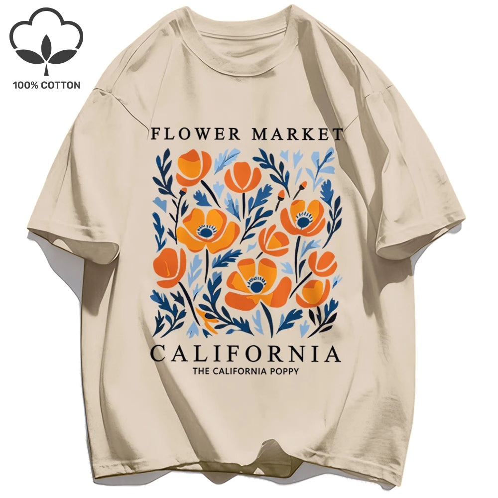 Yellow Flowers Market California Print T-Shirt Woman Soft Cotton Tee Top O-Neck Casual T Shirt Crewneck Sports Short Sleeve