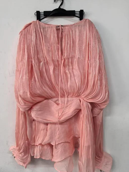 KBQ Solid Patchwork Lace Up Loose Dresses For Women O Neck Long Sleeve High Waist Spliced Folds Temperament Dress Female Fashion