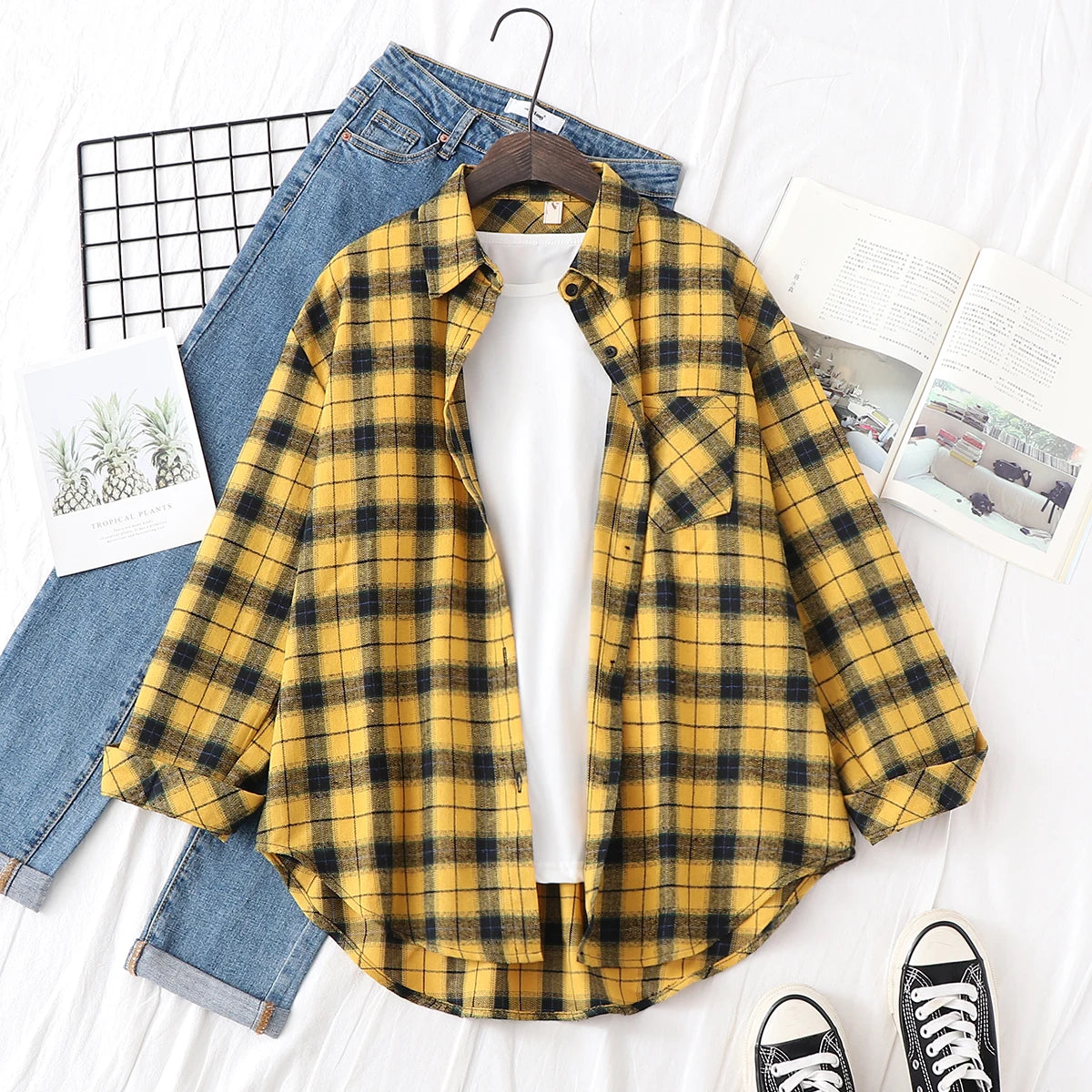 2025 New Fashion Loose Womens Plaid Shirt Fresh College Style Design Blouses And Tops Long Sleeve Casual Female Checked Clothes