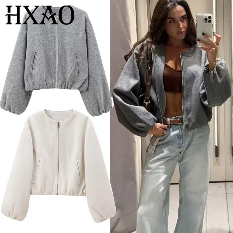 HXAO Outerwears Cropped Bomber Jacket Women Autumn Long Sleeve Faux Wool Coats For Woman Winter Zip Up Gray Beige Short Coats