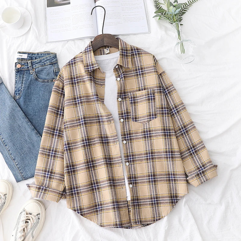 2025 New Fashion Loose Womens Plaid Shirt Fresh College Style Design Blouses And Tops Long Sleeve Casual Female Checked Clothes