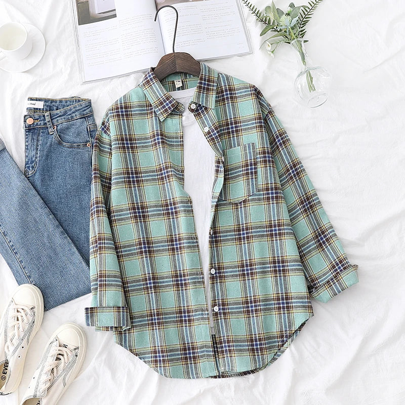 2025 New Fashion Loose Womens Plaid Shirt Fresh College Style Design Blouses And Tops Long Sleeve Casual Female Checked Clothes