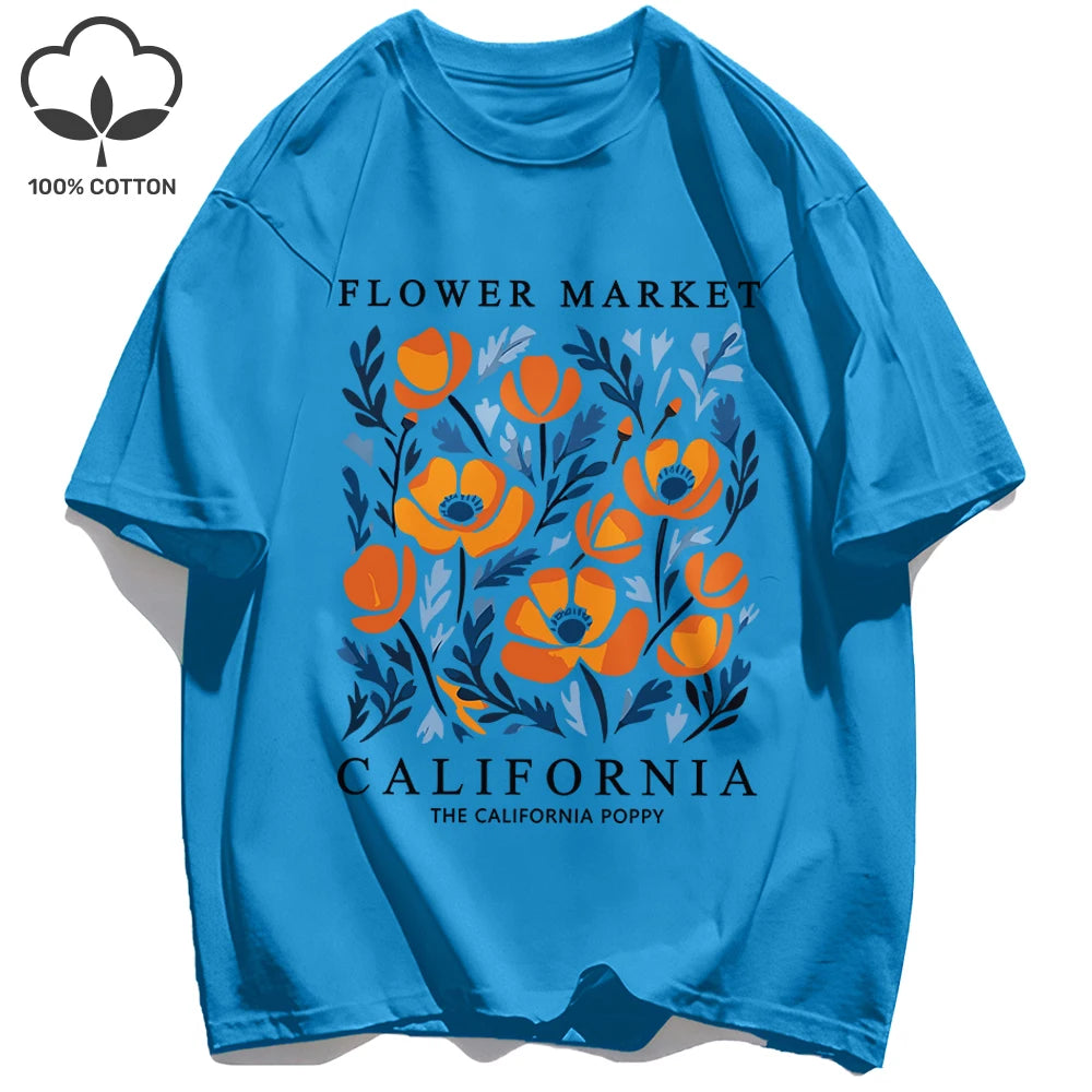 Yellow Flowers Market California Print T-Shirt Woman Soft Cotton Tee Top O-Neck Casual T Shirt Crewneck Sports Short Sleeve