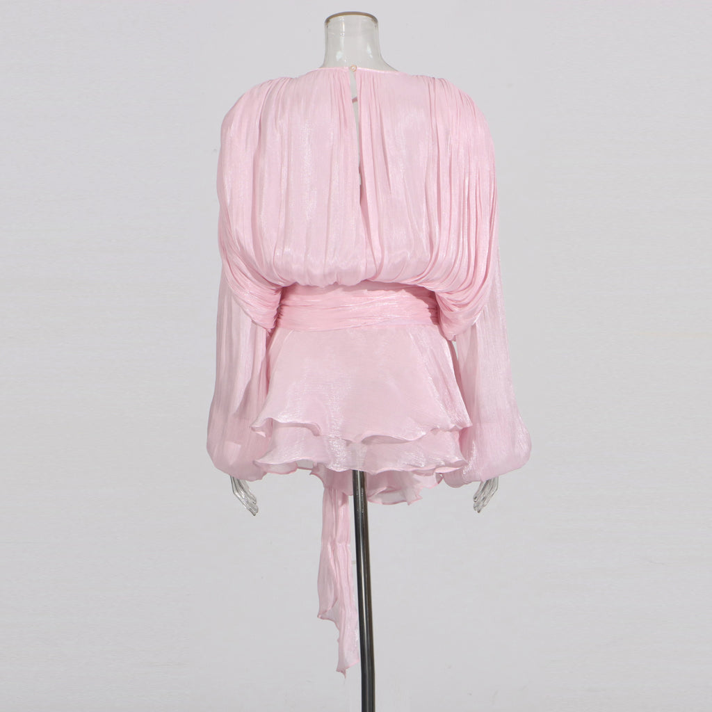 KBQ Solid Patchwork Lace Up Loose Dresses For Women O Neck Long Sleeve High Waist Spliced Folds Temperament Dress Female Fashion