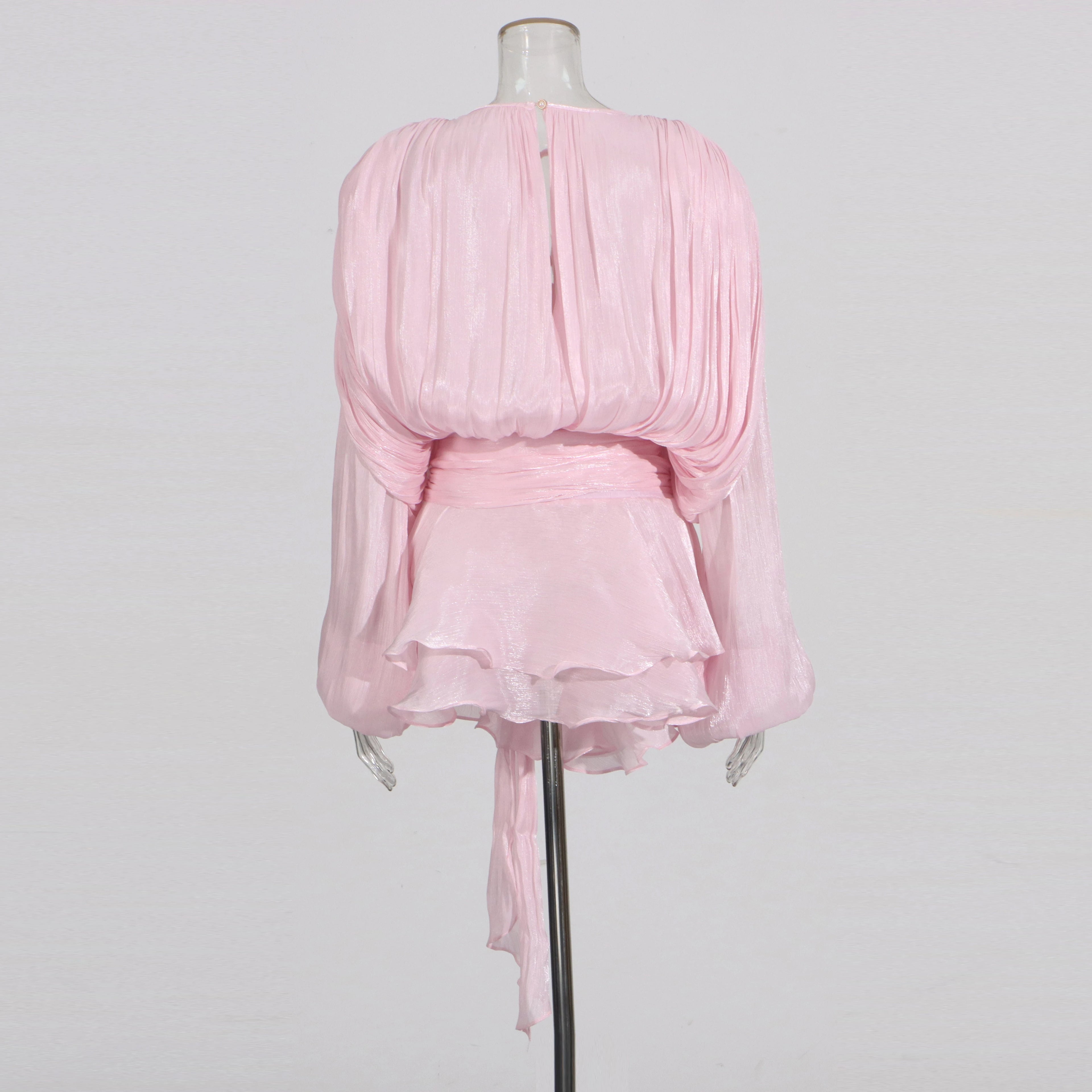 KBQ Solid Patchwork Lace Up Loose Dresses For Women O Neck Long Sleeve High Waist Spliced Folds Temperament Dress Female Fashion