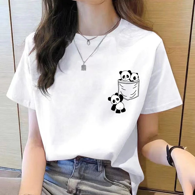 Women Short Sleeve Top Summer New Pocket Panda Cartoon Printed T-shirt Korean Fashion Women Tops Loose Round Neck T Shirt Women