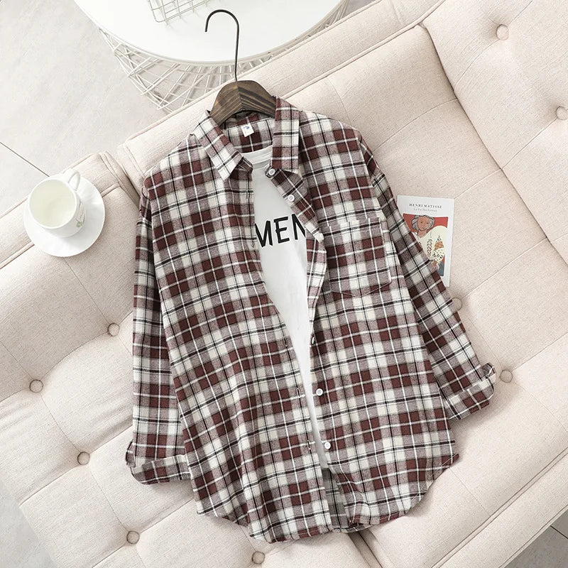 2025 New Fashion Loose Womens Plaid Shirt Fresh College Style Design Blouses And Tops Long Sleeve Casual Female Checked Clothes