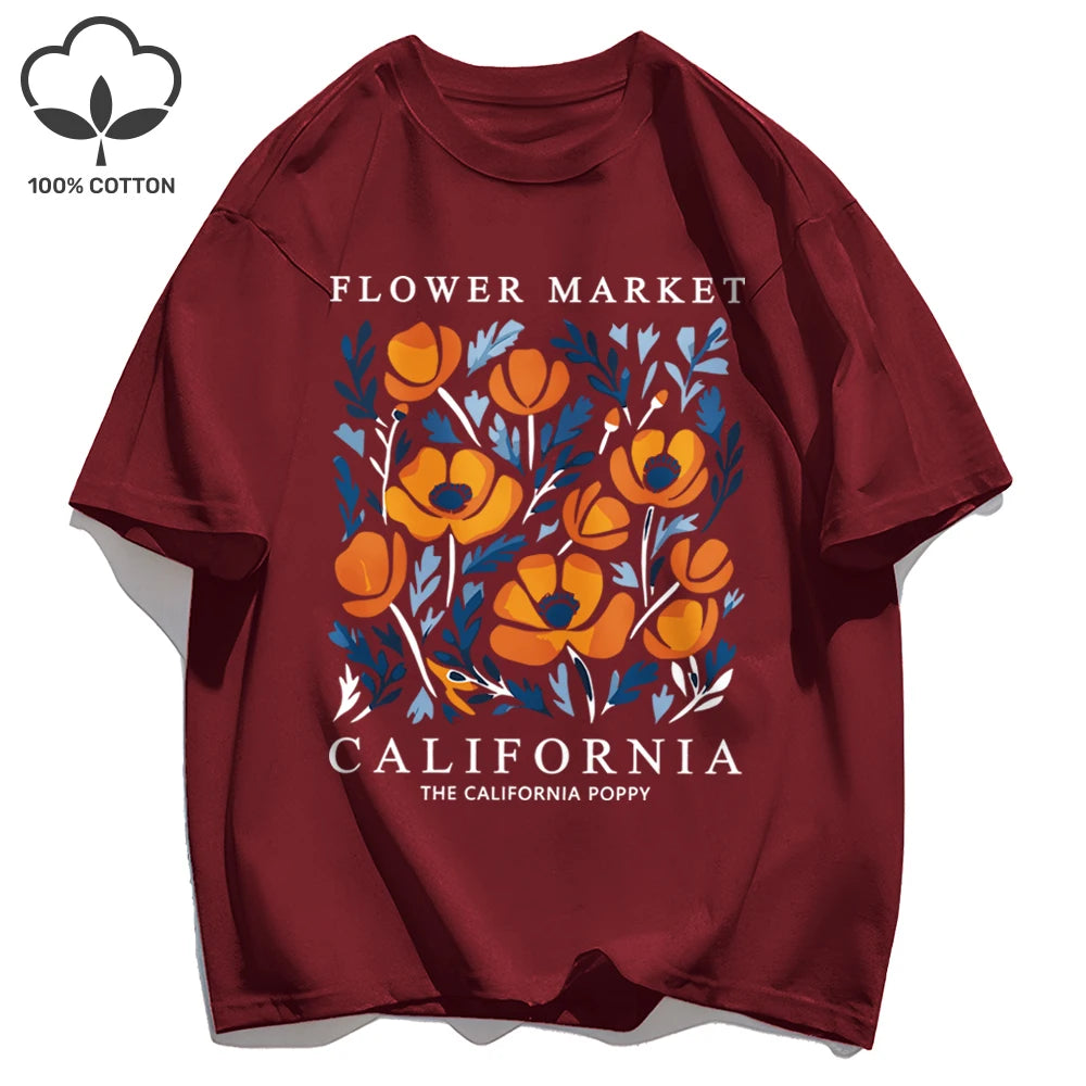 Yellow Flowers Market California Print T-Shirt Woman Soft Cotton Tee Top O-Neck Casual T Shirt Crewneck Sports Short Sleeve