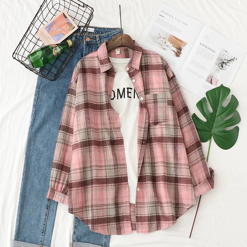 2025 New Fashion Loose Womens Plaid Shirt Fresh College Style Design Blouses And Tops Long Sleeve Casual Female Checked Clothes
