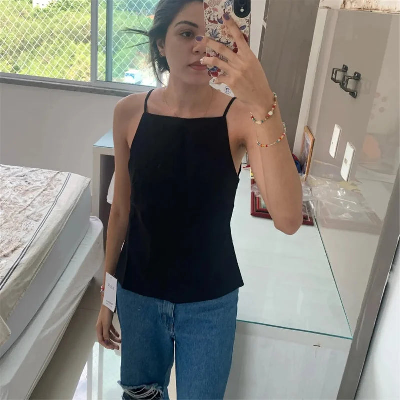 MUJER 2025 Black Backless Top Female White Sleeveless Crop Top With Straps Summer Sexy Tops Woman Party Women's Evening Top