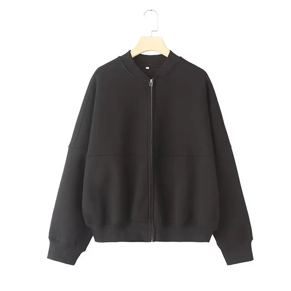 HH Women's Fall 2-Piece Retro Solid Color Zip Bomber Jacket Sweatshirt+High Waist Lace Up Women's Wide Leg Pants Street Wear