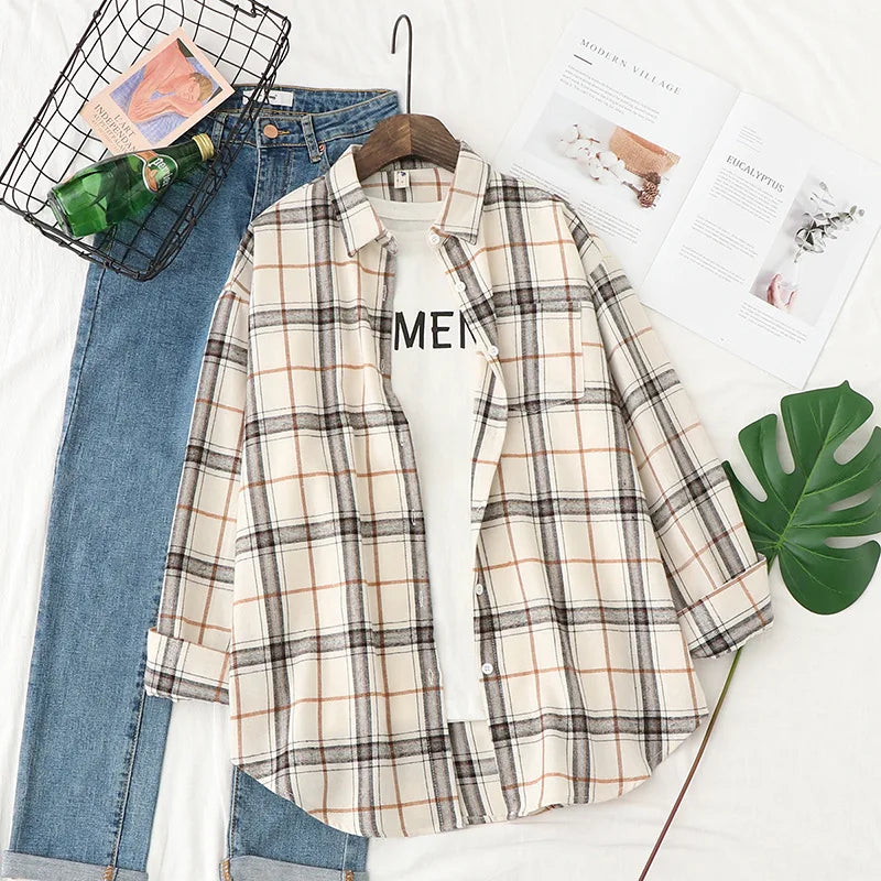 2025 New Fashion Loose Womens Plaid Shirt Fresh College Style Design Blouses And Tops Long Sleeve Casual Female Checked Clothes